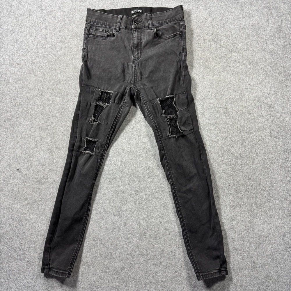 Hot Topic Womens Distressed Fishnet Skinny Jeans 9 Black Alternative Denim